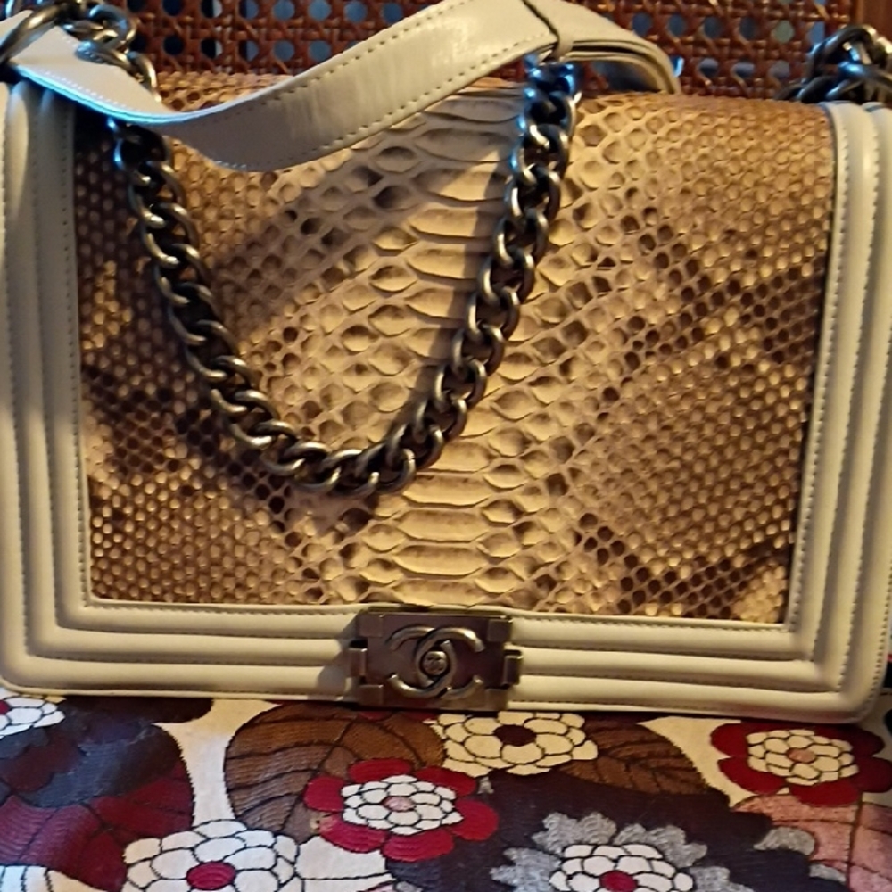 CHANEL Tan and Cream Python Shoulder Bag